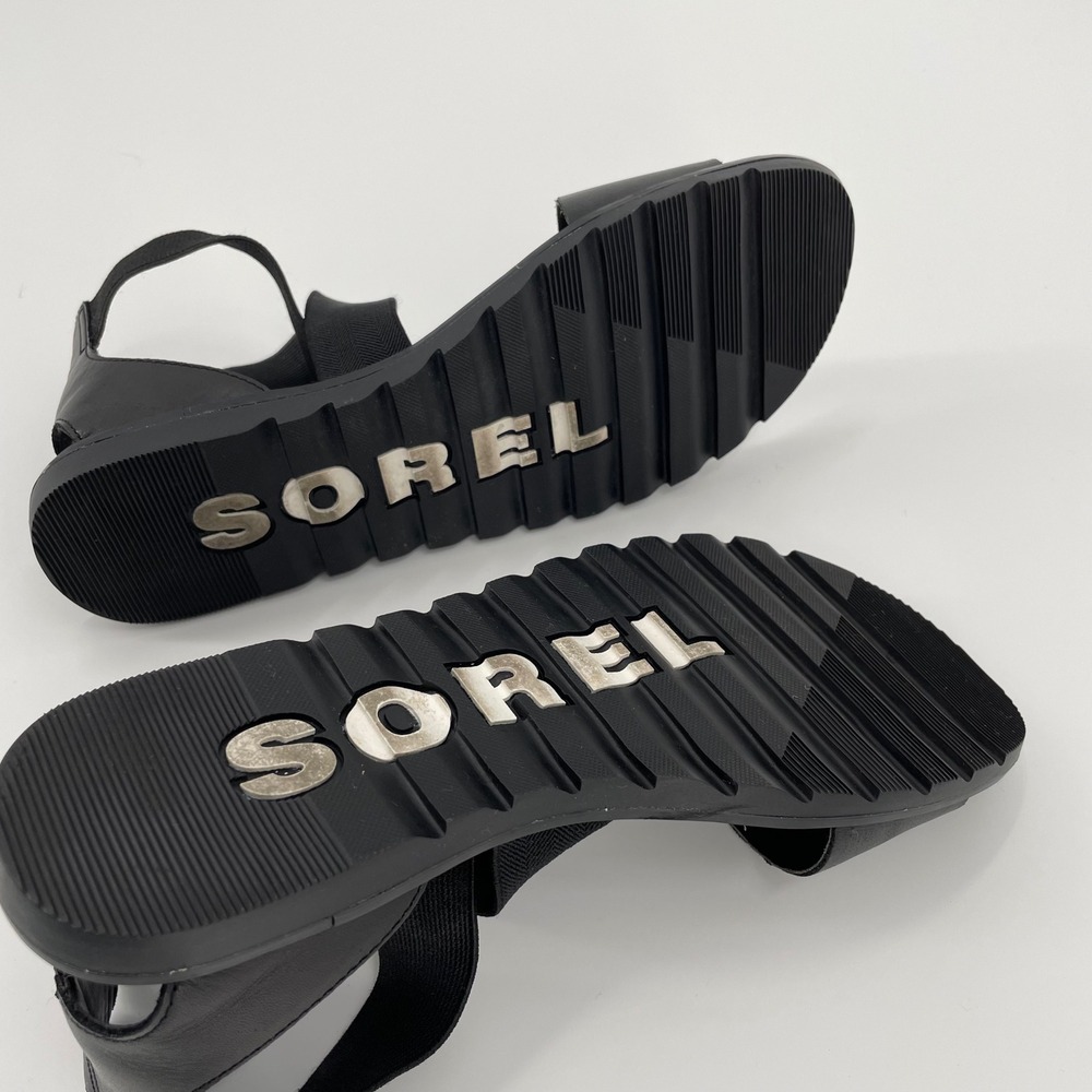 Sorel Ella II Ankle Strap Sandals‎ Black Leather Stretch Chevron Size 7.5 - Picture 7 of 9